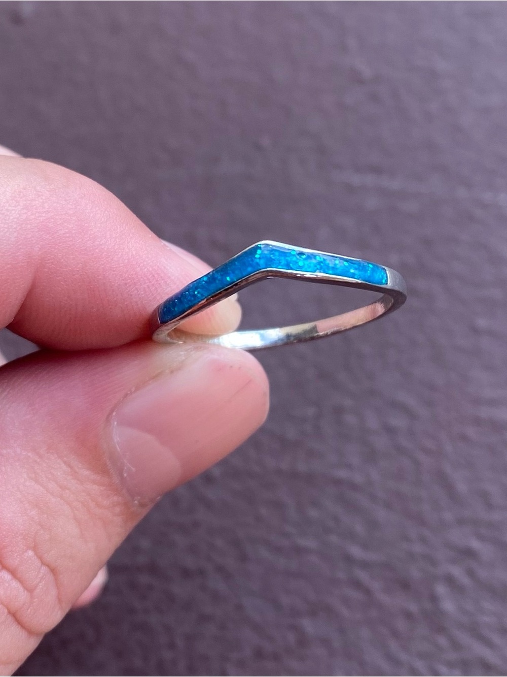 Blue Imitation Opal Chevron Stainless Steel Ring Size 9